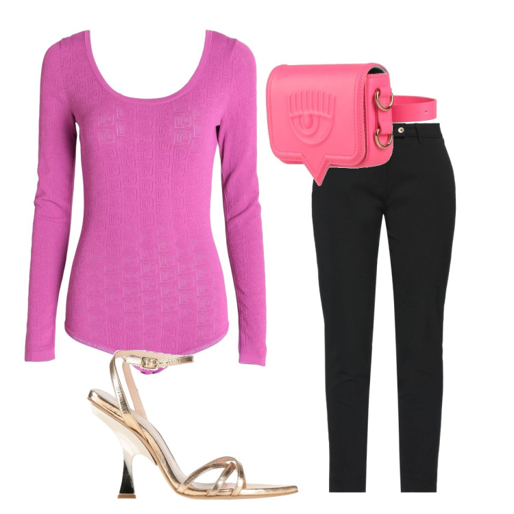 Outfit donna - Primavera chic. Stile Chic per Serata fuori. Abbinamento con pantaloni, sandali in pelle, marsupi, body.