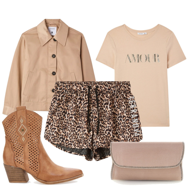 Outfit donna - Contrasti di stile. Stile Casual chic per Tutti i giorni. Abbinamento con t-shirt, shorts, cappotti, stivaletti texani, pochette.
