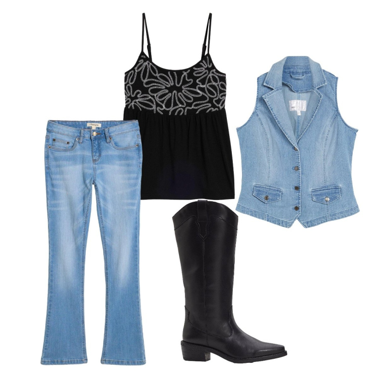 Outfit donna - Casual spring bonprix. Stile Casual per Tutti i giorni. look ideale per Petite. Abbinamento con stivali, gilet, canottiere, jeans bootcut.