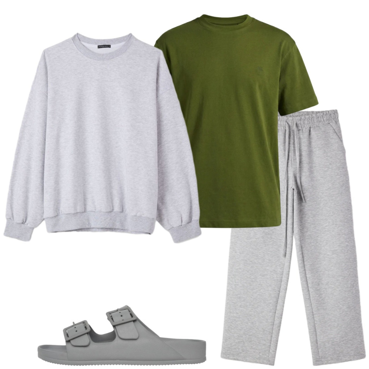 Outfit uomo - Relax serale. Stile Casual per Tutti i giorni. Abbinamento con felpe, pantaloni, sandali, t-shirt.