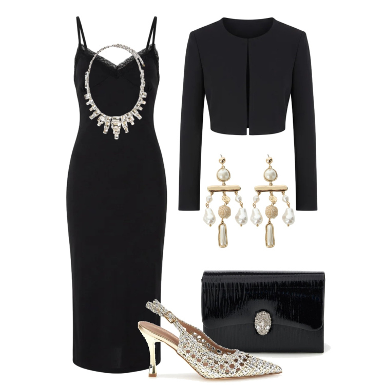 Outfit donna - Cerimonia di sera. Stile Chic per Cerimonia. Abbinamento con vestiti midi/longuette, collane, bolero, orecchini, décolleté, pochette.