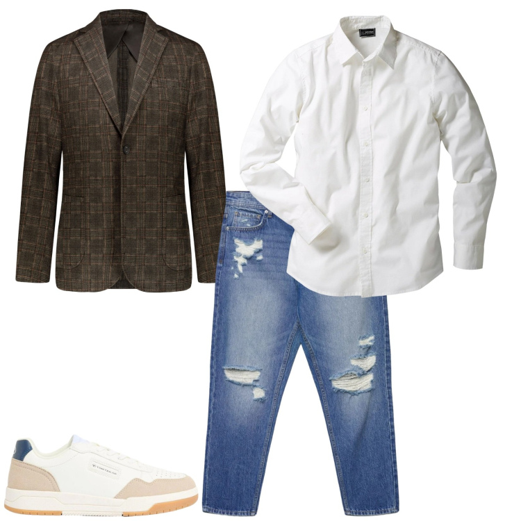 Outfit uomo - Night out. Stile Casual per Serata speciale. Abbinamento con camicie, sneakers, jeans strappati, giacche.