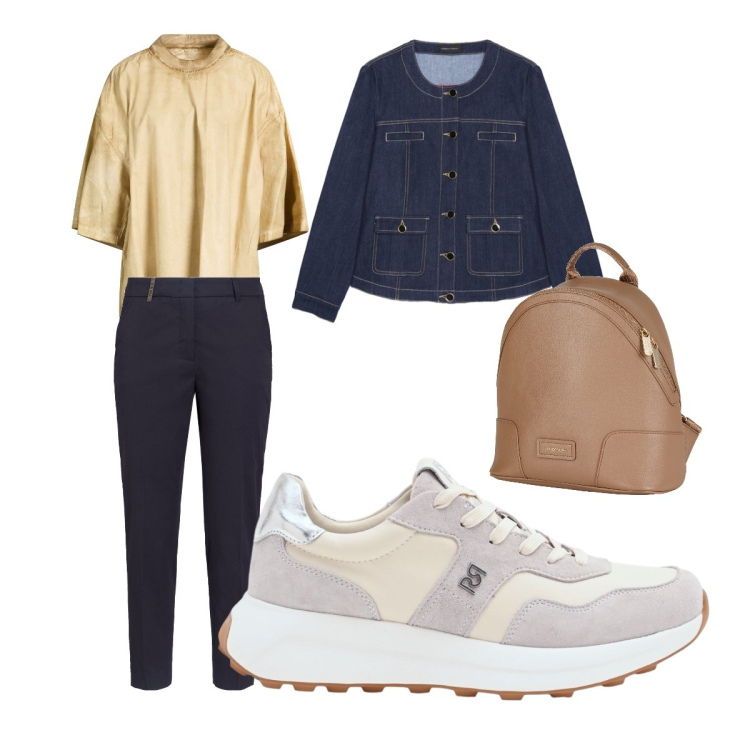 Outfit donna - Sporty casual tutti i giorni curvy. Stile Sporty chic per Tutti i giorni. Abbinamento con zaini, pantaloni, t-shirt, sneakers, blazer.