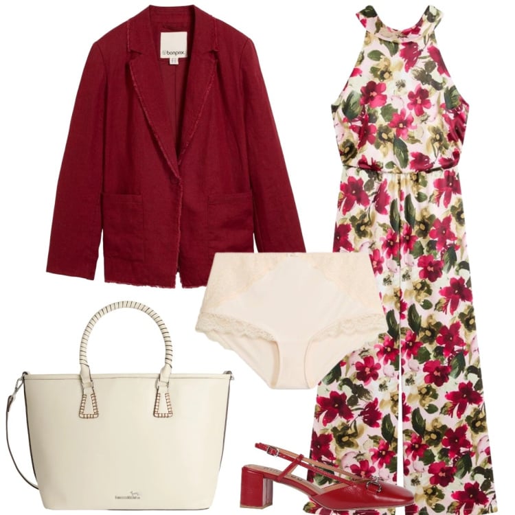 Outfit donna - Passeggiata in città. Stile Chic per Tutti i giorni. Abbinamento con décolleté, tute, blazer, culotte, shopping bag.