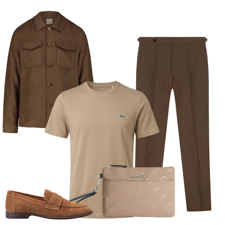 Outfit uomo - Total look #2391942. Stile Trendy per Ufficio. Abbinamento con t-shirt, borse sportive, cappotti, scarpe stringate, pantaloni.