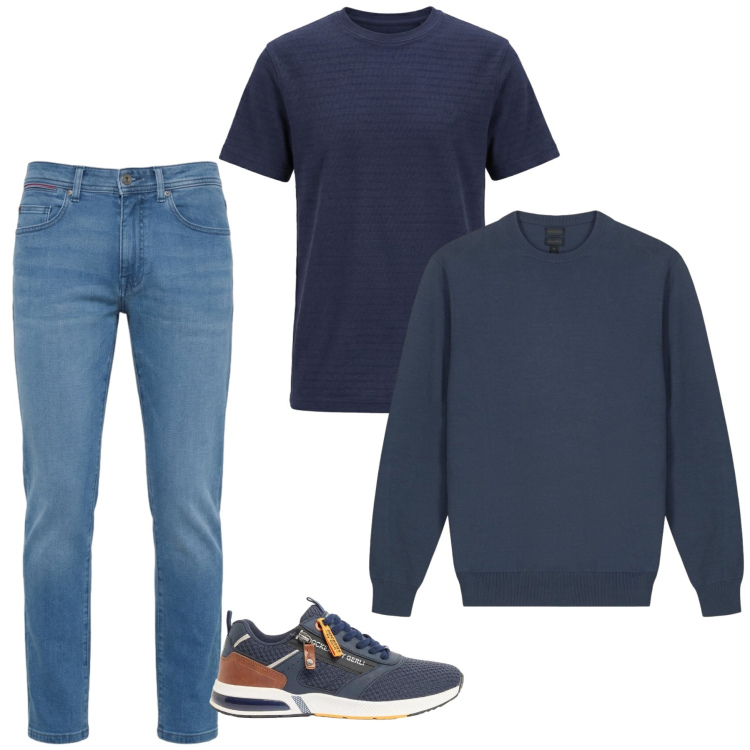 Outfit uomo - Total look #2391943. Stile Trendy per Tutti i giorni. Abbinamento con sneakers, jeans slim fit, t-shirt, maglieria.