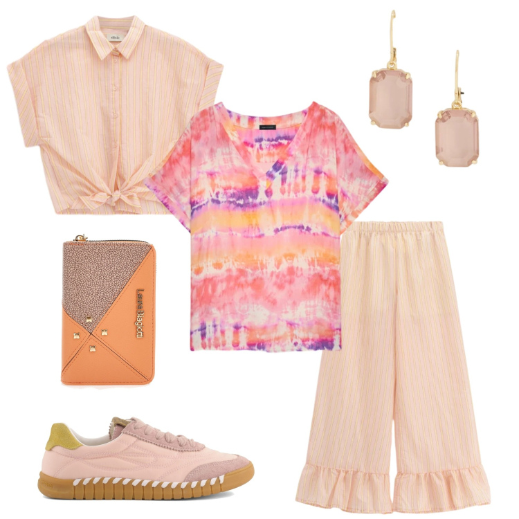 Outfit donna - Un completo fresco. Stile Trendy per Tutti i giorni. Abbinamento con camicie a manica corta, pantaloni a palazzo, bluse, orecchini, portafogli, sneakers.