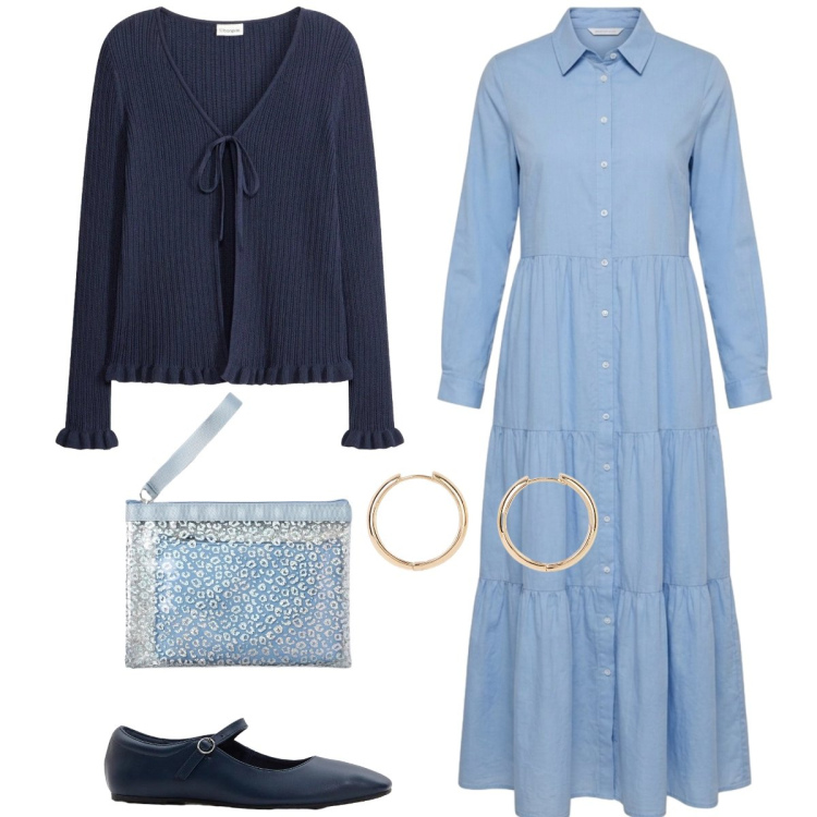 Outfit donna - Tempo libero basic. Stile Basic per Tutti i giorni. Abbinamento con orecchini, ballerine, cardigans, pochette, vestiti chemisier.