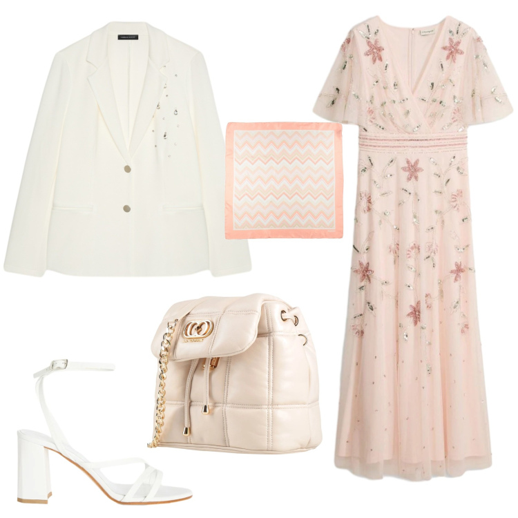 Outfit donna - Impalpabile. Stile Glamour per Cerimonia. Abbinamento con sciarpe, valigie, vestiti lunghi, blazer, sandali in pelle.