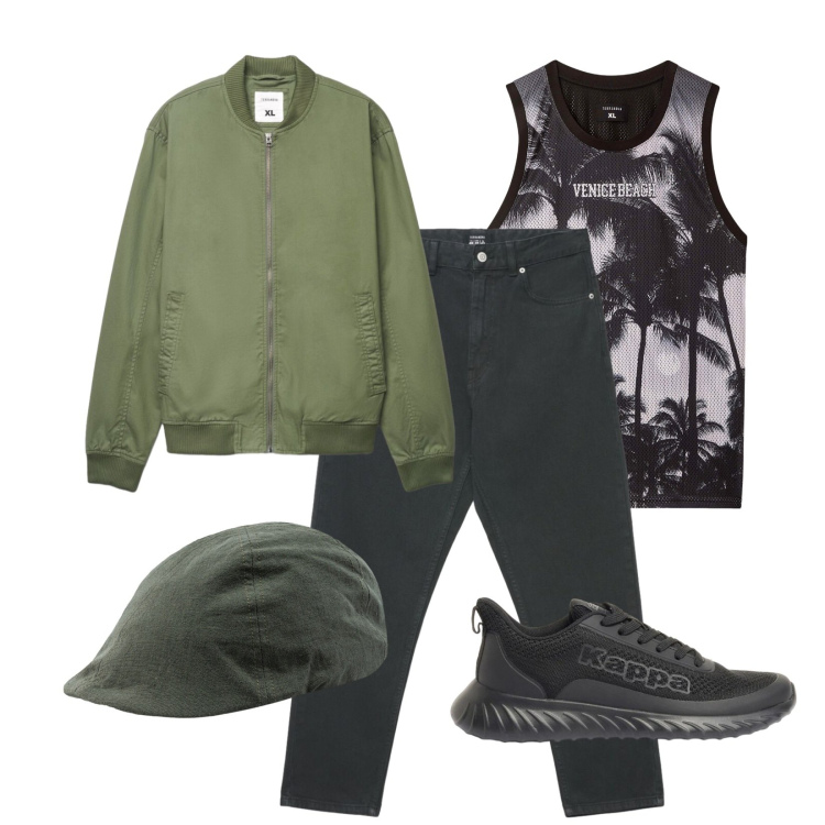 Outfit uomo - Total look #2391961. Stile Casual per Tutti i giorni. Abbinamento con sneakers, canottiere, bomber, jeans, cappelli con visiera.