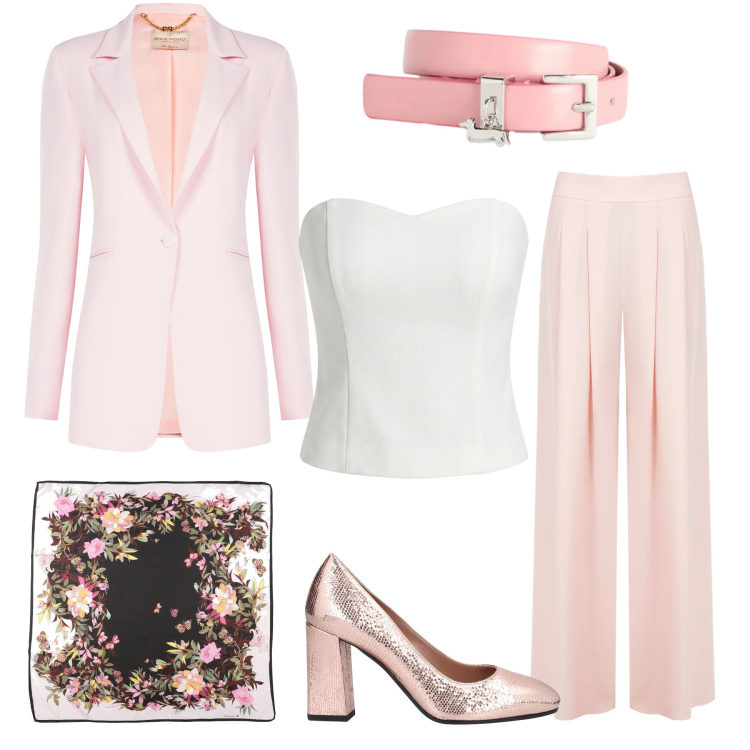 Outfit donna - Rosa delizioso. Stile Chic per Cerimonia. Abbinamento con sciarpe, décolleté, pantaloni a palazzo, blazer, top, cinture.
