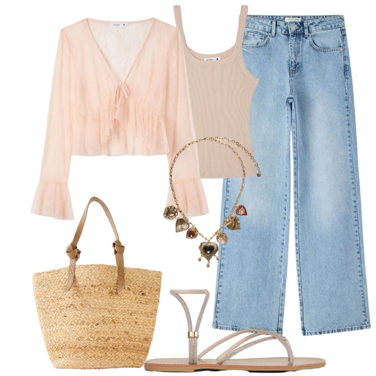 Outfit donna - Borsa in paglia. Stile Casual chic per Tutti i giorni. Abbinamento con shopping bag, canottiere, bluse, sandali, jeans dritti, collane.
