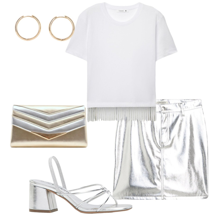 Outfit donna - Silver & gold. Stile Rock per Serata fuori. Abbinamento con sandali col tacco, minigonne, orecchini, t-shirt, pochette.