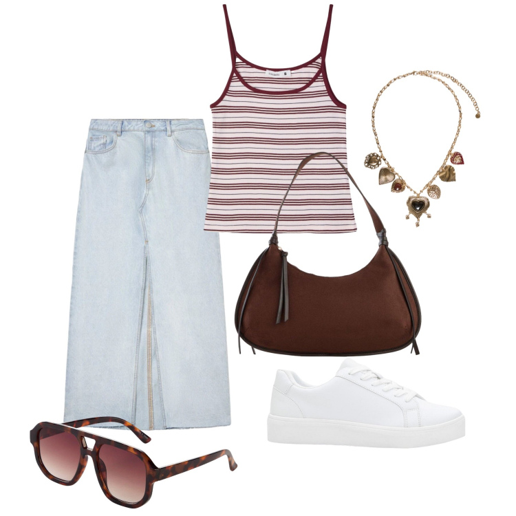 Outfit donna - Maggio. Stile Casual per Tutti i giorni. Abbinamento con sneakers, occhiali da sole, borse a tracolla, gonne lunghe, canottiere, collane.