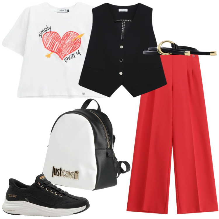 Outfit donna - Capi essenziali nel guardaroba. Stile Sporty chic per Tutti i giorni. Abbinamento con zaini, sneakers, cinture, gilet, pantaloni a palazzo, t-shirt.