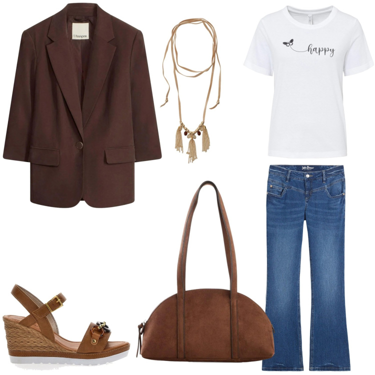 Outfit donna - Boho a Maggio. Stile Boho per Tutti i giorni. Abbinamento con t-shirt, jeans bootcut, blazer, borse a tracolla, collane, sandali.