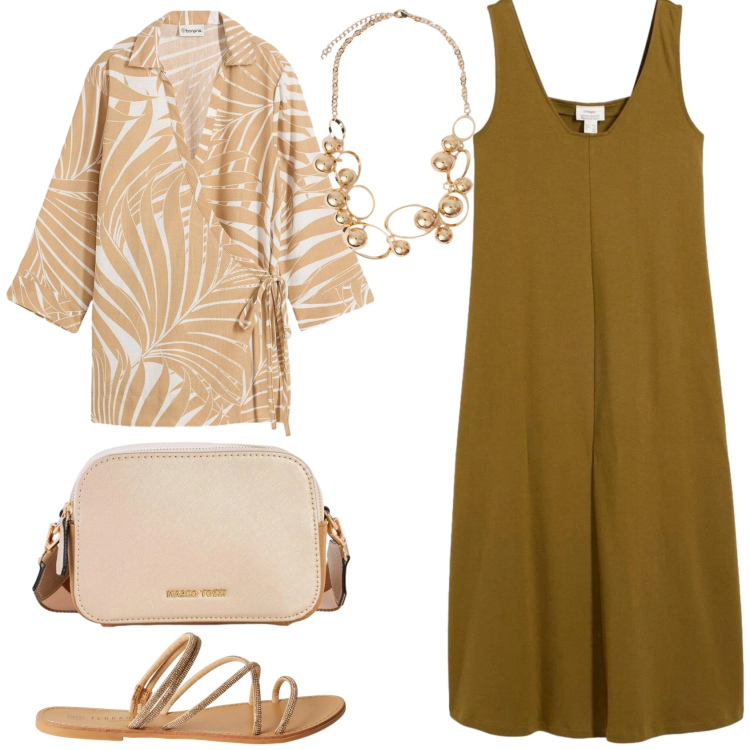 Outfit donna - Boho Spring. Stile Boho per Tutti i giorni. Abbinamento con vestiti, bluse, borse a tracolla, sandali, collane.