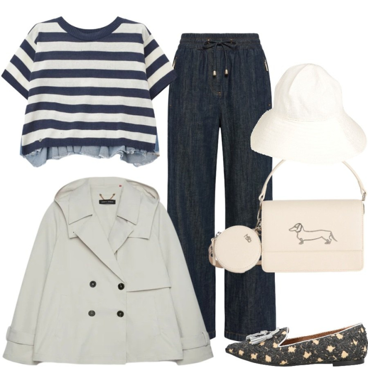 Outfit donna - Total look #2391993. Stile Casual chic per Tutti i giorni. Abbinamento con cappelli, mocassini, trench, t-shirt, pantaloni, borse a tracolla.
