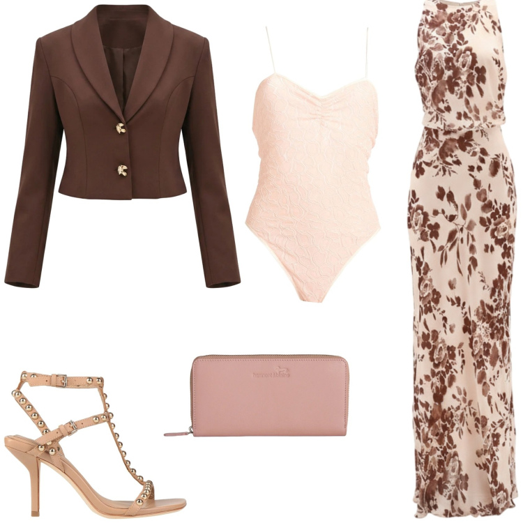 Outfit donna - Per una Cerimonia. Stile Glamour per Cerimonia. Abbinamento con body, sandali in pelle, vestiti lunghi, blazer, portafogli.