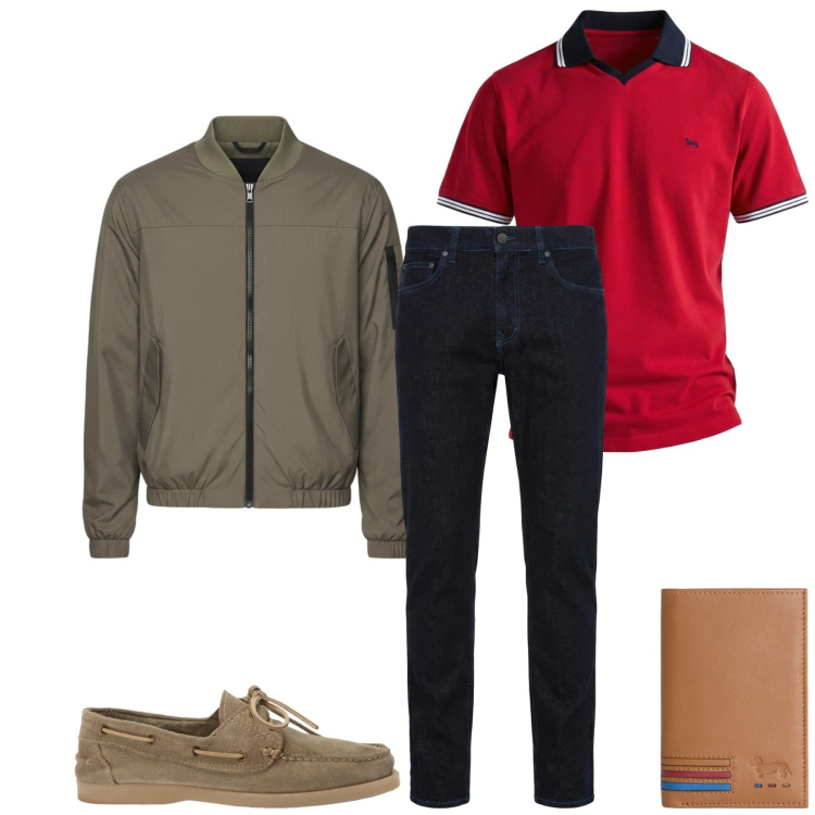Outfit uomo - Total look #2391995. Stile Trendy per Tutti i giorni. Abbinamento con jeans, portafogli, polo, scarpe stringate, bomber.