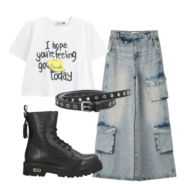 Outfit donna - Total look #2392000. Stile Rock per Tutti i giorni. Abbinamento con anfibi, cinture, jeans, t-shirt.