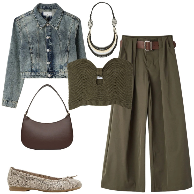 Outfit donna - Total look #2392001. Stile Casual chic per Serata fuori. Abbinamento con ballerine, top, pantaloni, borse a tracolla, cappotti, collane.