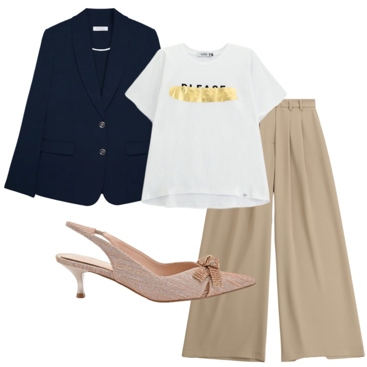 Outfit donna - Total look #2392002. Stile Casual chic per Ufficio. Abbinamento con blazer, pantaloni a palazzo, t-shirt, décolleté.