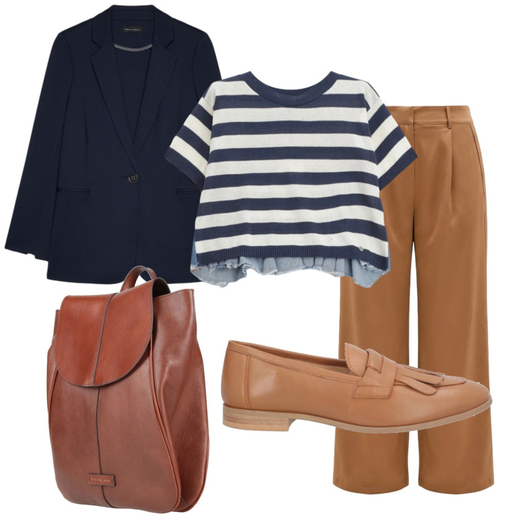 Outfit donna - Total look #2392003. Stile Mannish per Ufficio. Abbinamento con zaini, mocassini, pantaloni a palazzo, blazer, t-shirt.