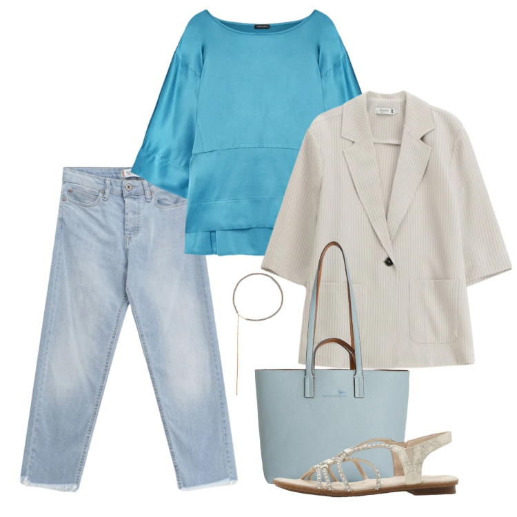 Outfit donna - Maggio azzurro. Stile Bon Ton per Tutti i giorni. Abbinamento con sandali, bluse, cinture, blazer, jeans, shopping bag.