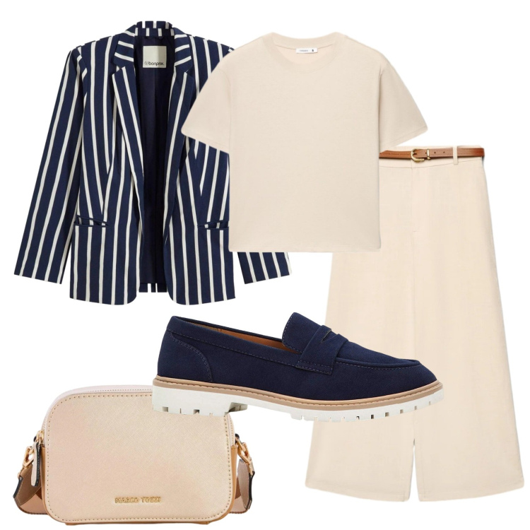 Outfit donna - Total look #2392005. Stile Mannish per Ufficio. Abbinamento con mocassini, blazer, borse a tracolla, pantaloni a palazzo, t-shirt.