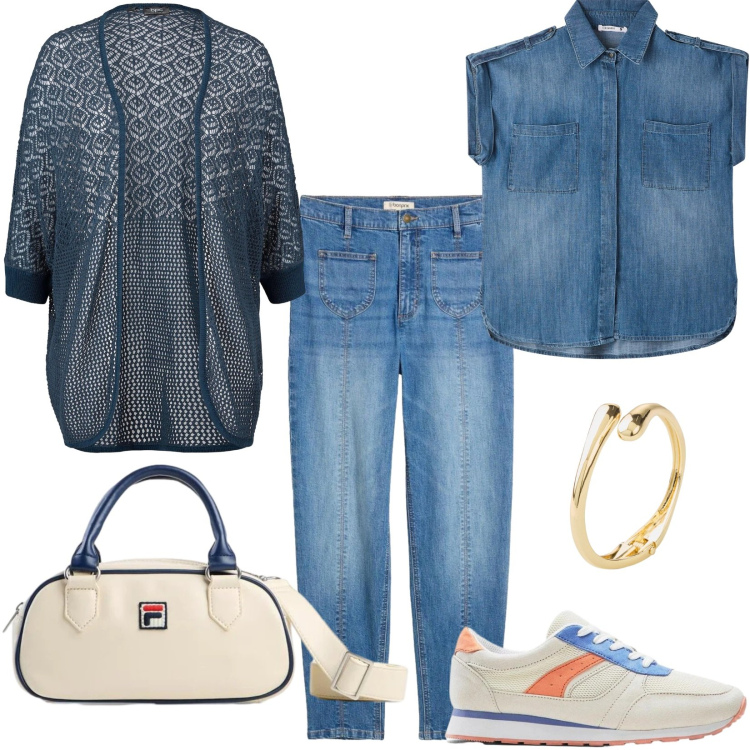 Outfit donna - Total look #2392006. Stile Casual per Tutti i giorni. Abbinamento con cardigans, braccialetti, jeans mom, borse a tracolla, sneakers, camicie a manica corta.