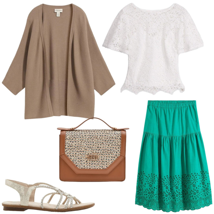 Outfit donna - Un look romantico in primavera. Stile Romantica per Tutti i giorni. Abbinamento con sandali, cardigans, t-shirt, gonne longuette, pochette.
