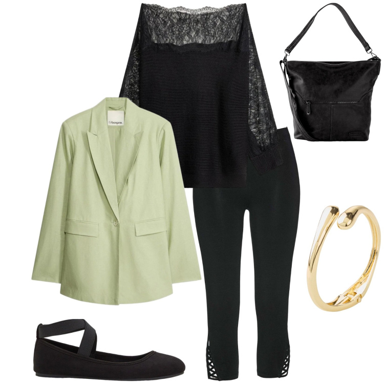 Outfit donna - Total look #2392008. Stile Casual chic per Tutti i giorni. Abbinamento con borse a spalla, leggings, ballerine, braccialetti, maglieria, blazer.