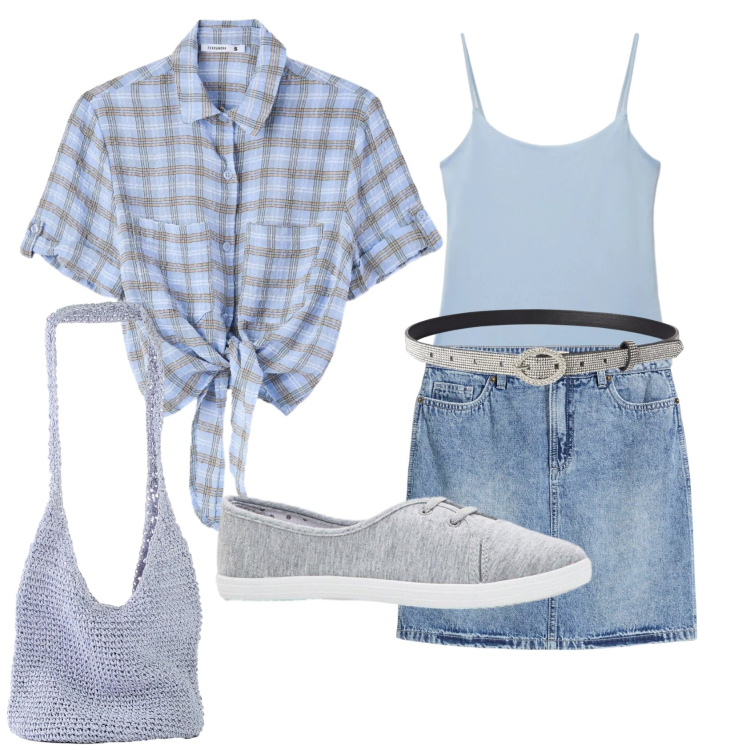 Outfit donna - Total look #2392011. Stile Casual per Tutti i giorni. Abbinamento con minigonne, shopping bag, ballerine, cinture, top, camicie a manica corta.