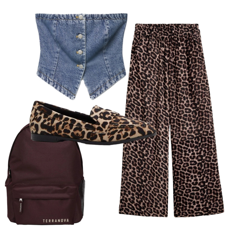 Outfit donna - Total look #2392014. Stile Trendy per Scuola/Università. Abbinamento con mocassini, pantaloni a palazzo, zaini, top.