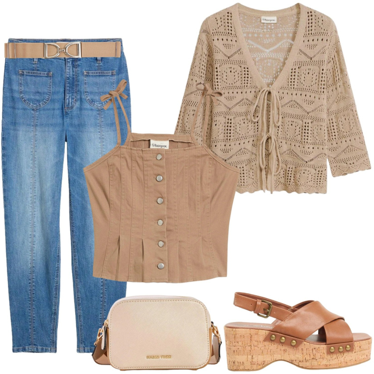 Outfit donna - Pic nic fuori città. Stile Casual per Tutti i giorni. Abbinamento con top, jeans mom, borse a tracolla, zeppe, cardigans, cinture.