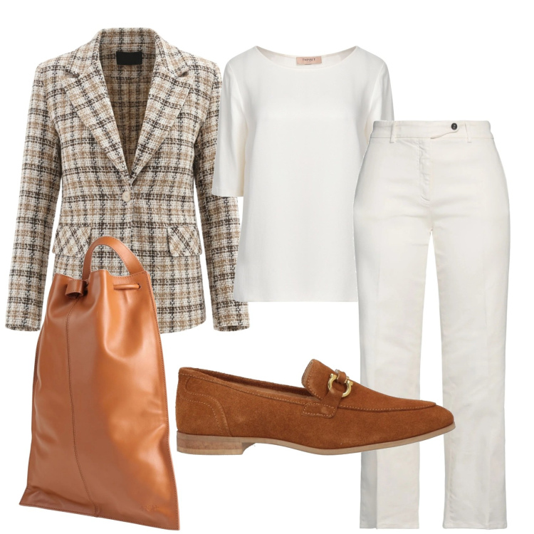 Outfit donna - Total look #2392019. Stile Preppy per Ufficio. Abbinamento con top, jeans dritti, zaini, mocassini, blazer.