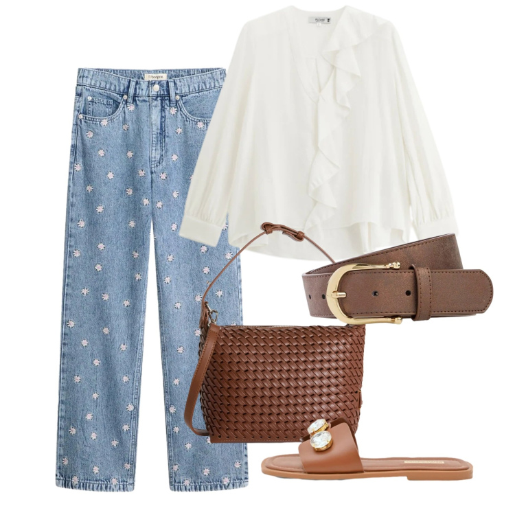 Outfit donna - Maggio. Stile Casual per Tutti i giorni. Abbinamento con jeans dritti, cinture, sandali gioiello, bluse, borse a spalla.
