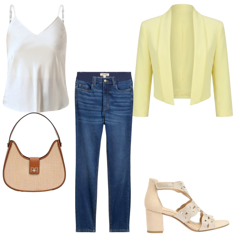 Outfit donna - Il casual chic. Stile Casual chic per Tutti i giorni. Abbinamento con sandali col tacco, jeans skinny, top, borse a spalla, bolero.