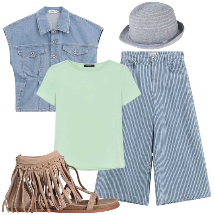 Outfit donna - Total look #2392025. Stile Trendy per Tutti i giorni. Abbinamento con cappelli, infradito, t-shirt, gilet, jeans.