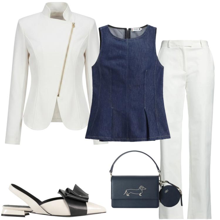 Outfit donna - Casual chic. Stile Casual chic per Tutti i giorni. Abbinamento con pantaloni, ballerine, blazer, top, borse a tracolla.