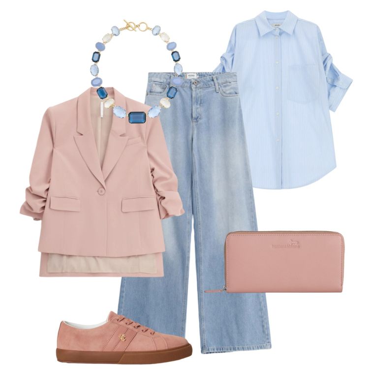 Outfit donna - Pesca e cielo in città. Stile Casual chic per Tutti i giorni. Abbinamento con blazer, camicie, jeans, portafogli, collane, sneakers.