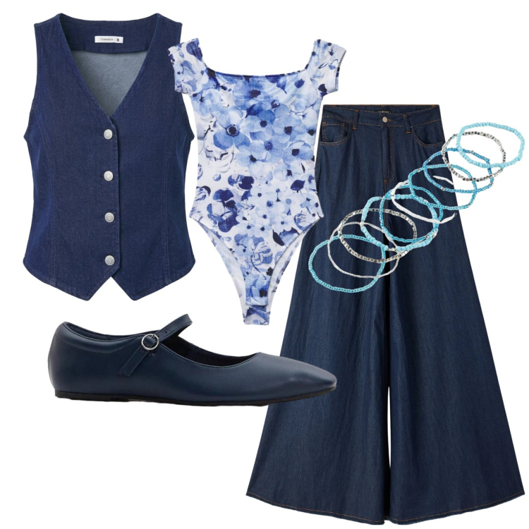 Outfit donna - Total look #2392032. Stile Trendy per Tutti i giorni. Abbinamento con braccialetti, ballerine, jeans, top, gilet.