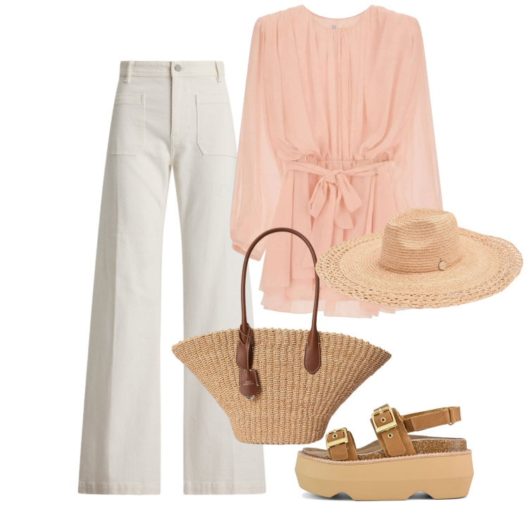 Outfit donna - Peach Blush. Stile Chic per Tutti i giorni. Abbinamento con vestiti corti, cappelli, jeans, borse tote, sandali col tacco.