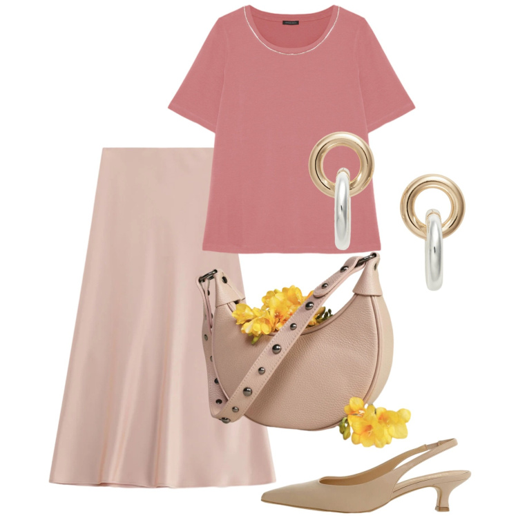 Outfit donna - Peach Blush. Stile Bon Ton per Ufficio. Abbinamento con gonne lunghe, borse a spalla, décolleté, t-shirt, orecchini.