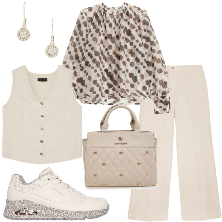 Outfit donna - Comfort e grintoso. Stile Casual chic per Ufficio. Abbinamento con gilet, pantaloni a palazzo, bluse, orecchini, borse a mano, sneakers.