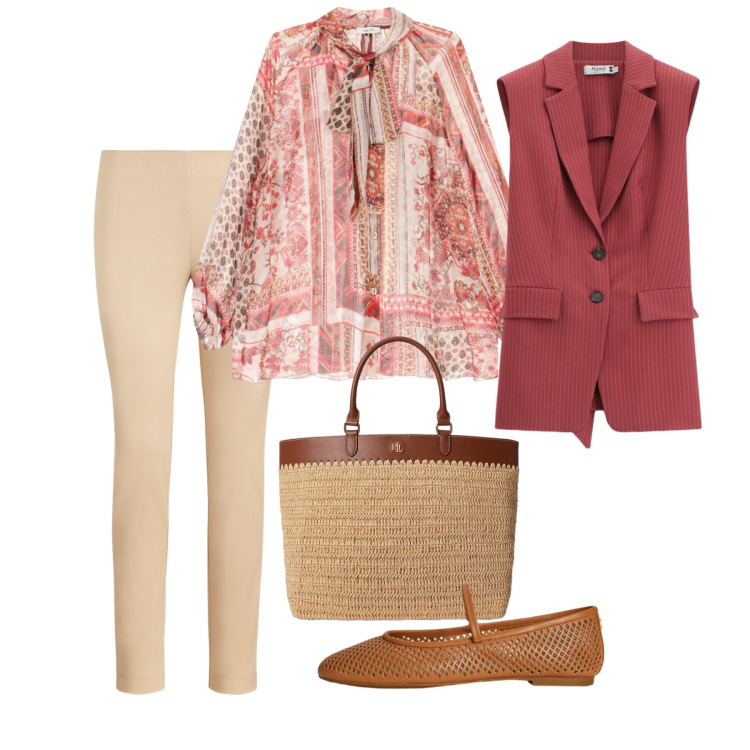 Outfit donna - Peach Blush. Stile Bon Ton per Ufficio. Abbinamento con camicie, gilet, pantaloni skinny, ballerine, borse tote.