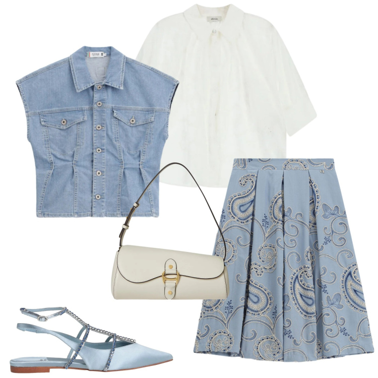 Outfit donna - Denim chic. Stile Casual chic per Tutti i giorni. Abbinamento con ballerine, gonne longuette, camicie, gilet, borse a spalla.