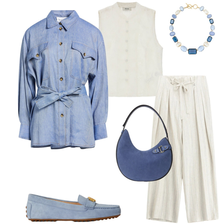 Outfit donna - Denim chic. Stile Casual chic per Tutti i giorni. Abbinamento con camicie, pantaloni a palazzo, top, borse a spalla, collane, mocassini.