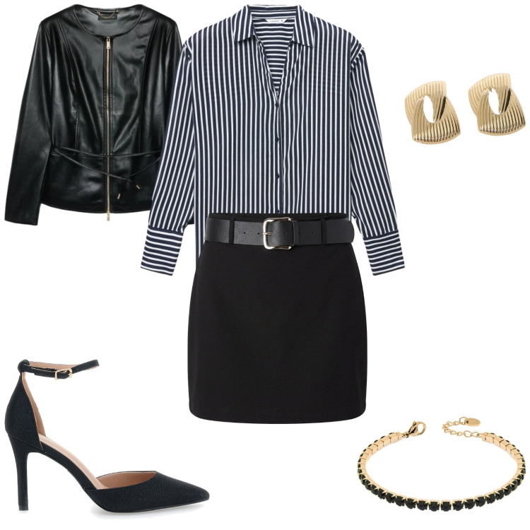 Outfit donna - Chic. Stile Chic per Ufficio. Abbinamento con camicie, minigonne, orecchini, blazer, braccialetti, décolleté.